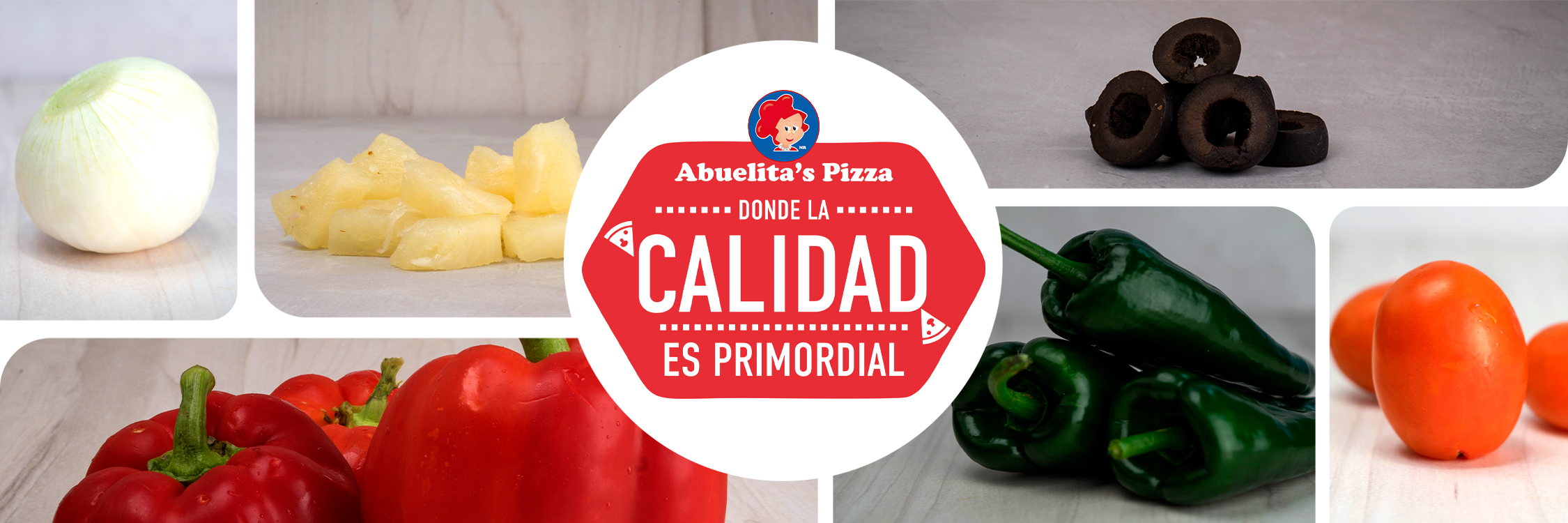Imagen de una ingredientes frescos junto a la leyenda: Abuelitas Pizza donde la calidad es primordial